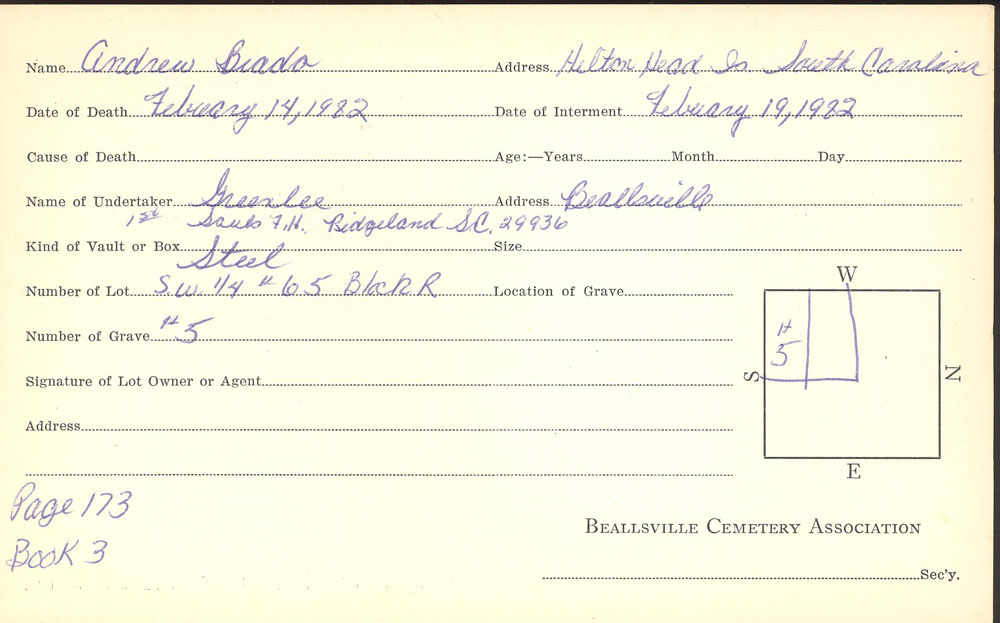 Andrew Brado burial card